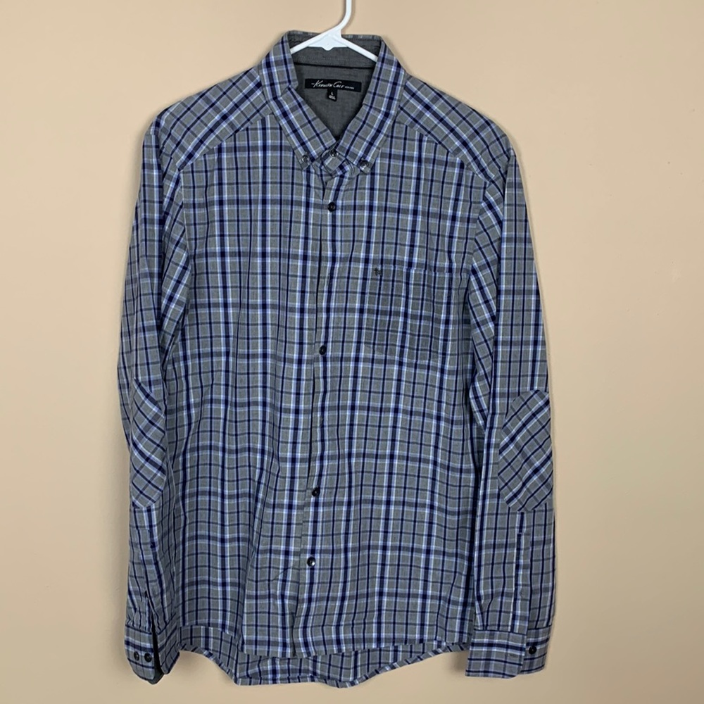 NWOT Men’s Kenneth Cole Grey Checked 100% Cotton Button Down Shirt Size Large